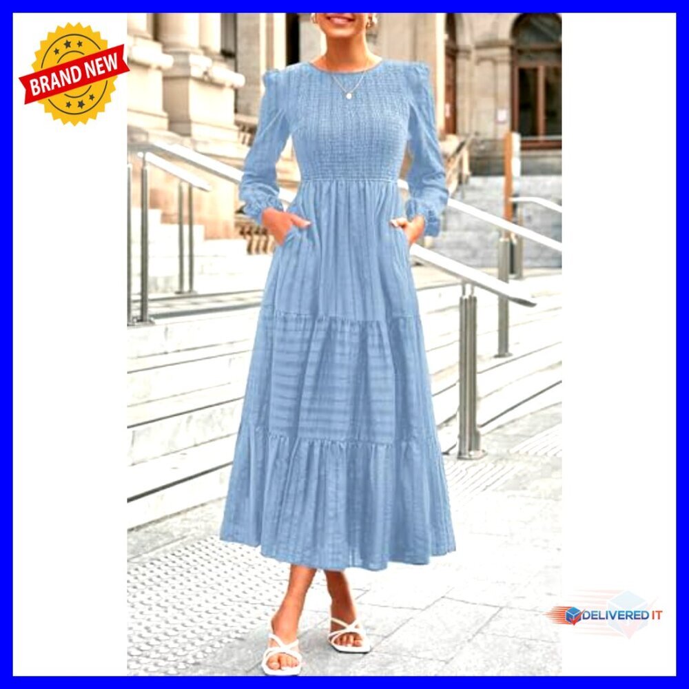 Long Sleeve Smocked Maxi Dress with Pockets, High Waist Tiered Flowy - Picture 5 of 7